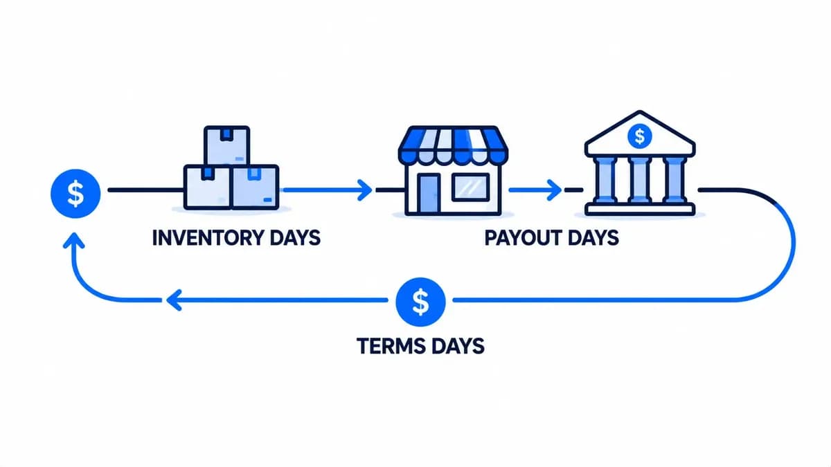 A dollar coin traveling a three-part path from supplier to sale to bank and back, labeled inventory days, payout days and terms days.