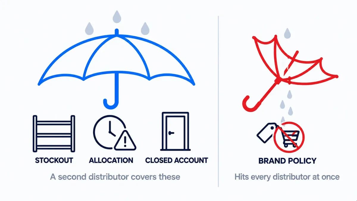 A blue umbrella covering three distributor problems, stockout, allocation and a closed account, next to a red inside-out umbrella that fails to cover brand policy, which reaches every distributor at once. 