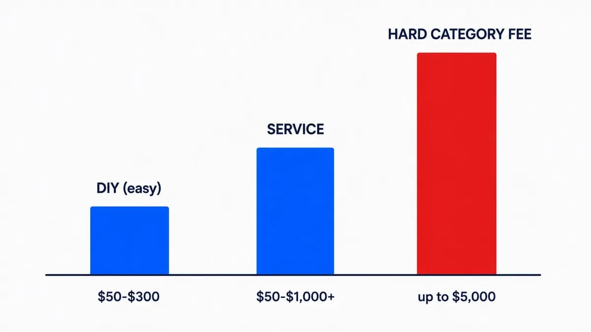 Three-bar cost comparison: DIY on an easy category $50 to $300, an ungating service $50 to over $1,000, and the official Amazon fee for hard categories up to $5,000