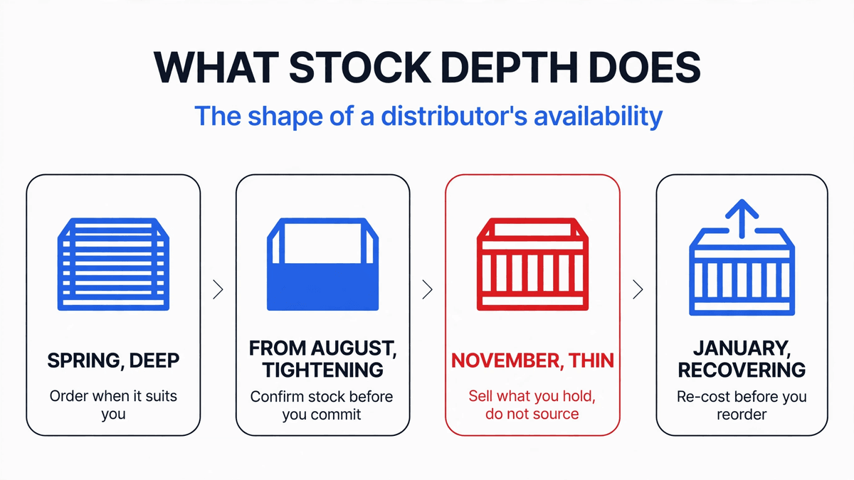 Four stages of distributor stock depth across the year, deep in spring, tightening from August, thin in November, recovering in January.