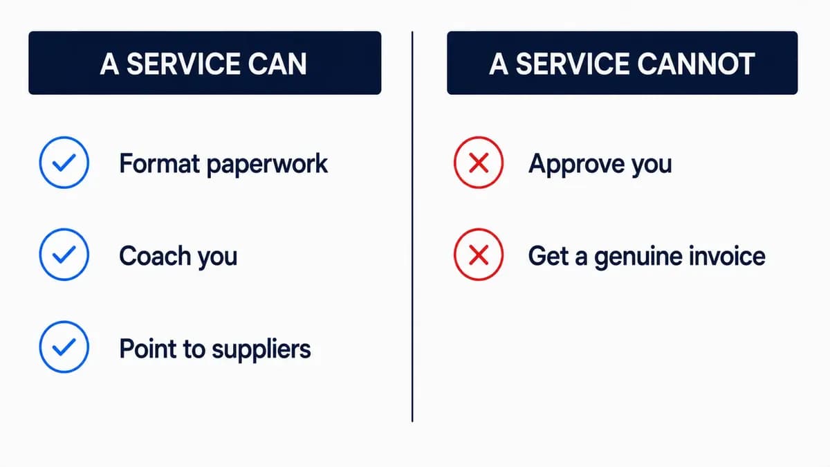 Two-panel graphic: what an ungating service can do — format your paperwork, coach you, point you to suppliers — versus what it cannot do — approve you, or get you a genuine invoice or brand authorization