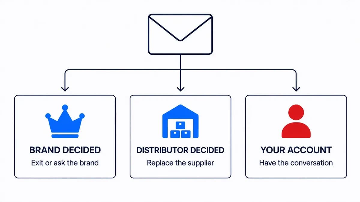 The same cutoff email can come from three places: the brand, the distributor, or your own account, and each one needs a different response.