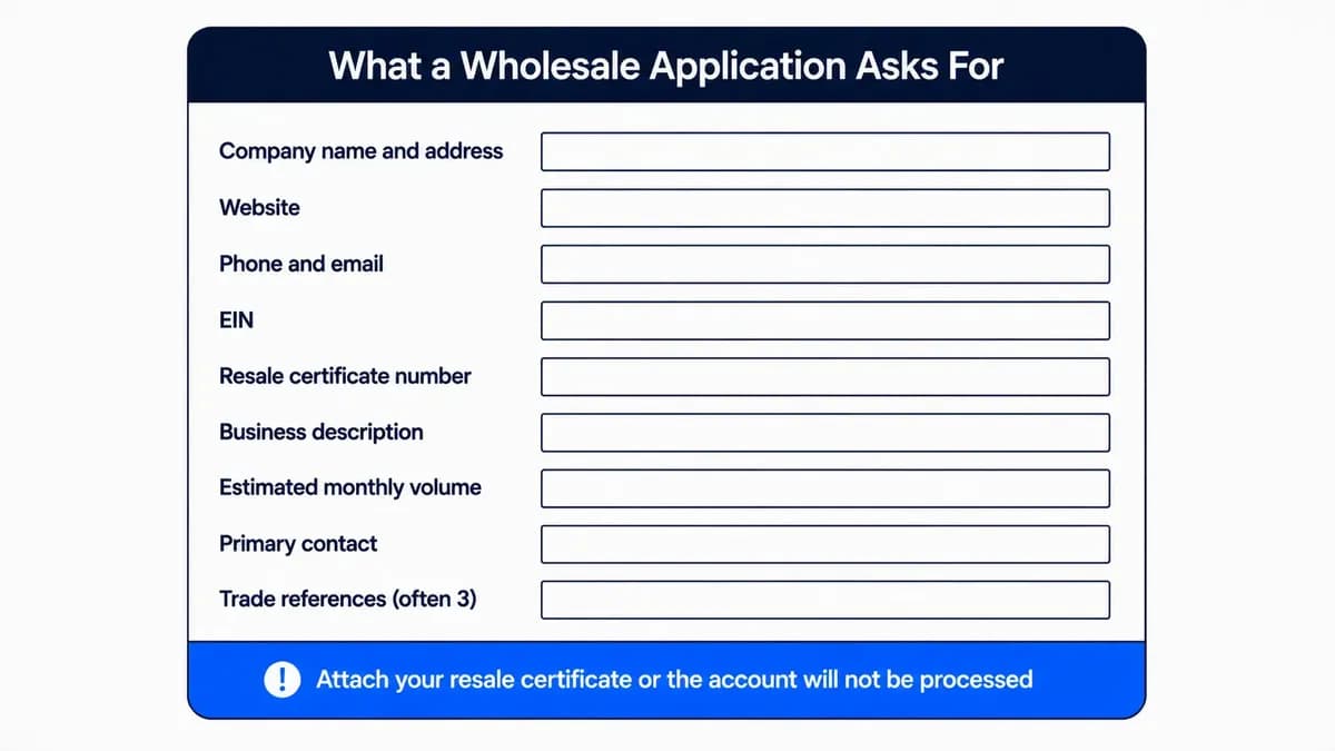 Wholesale account application form showing the fields distributors ask for: company details, EIN, resale certificate number, monthly order volume, and trade references, with a note that the resale certificate must be attached