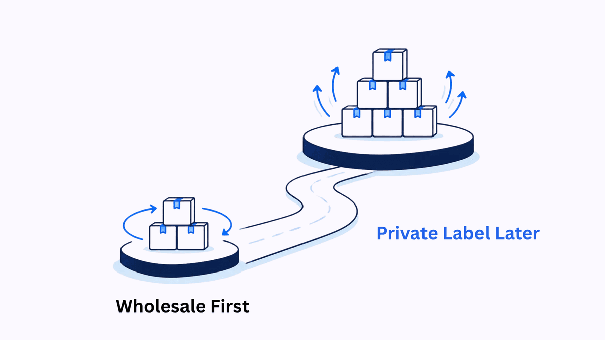 Two-stage path diagram showing wholesale first building cash flow and demand skills, then private label added later once capital allows