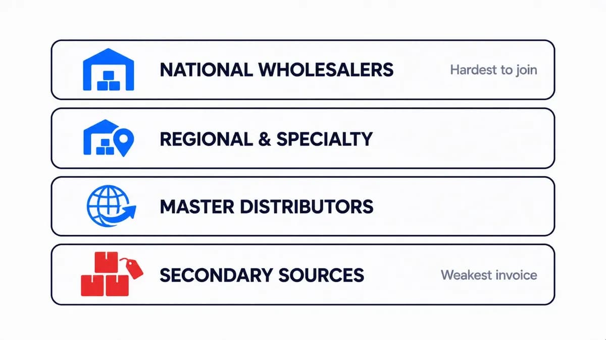 Four tiers of wholesale tool distributors in the US, from national hardware wholesalers to secondary sources