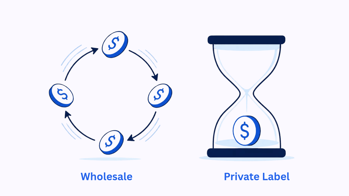 Two-stage path diagram showing wholesale first building cash flow and demand skills, then private label added later once capital allows