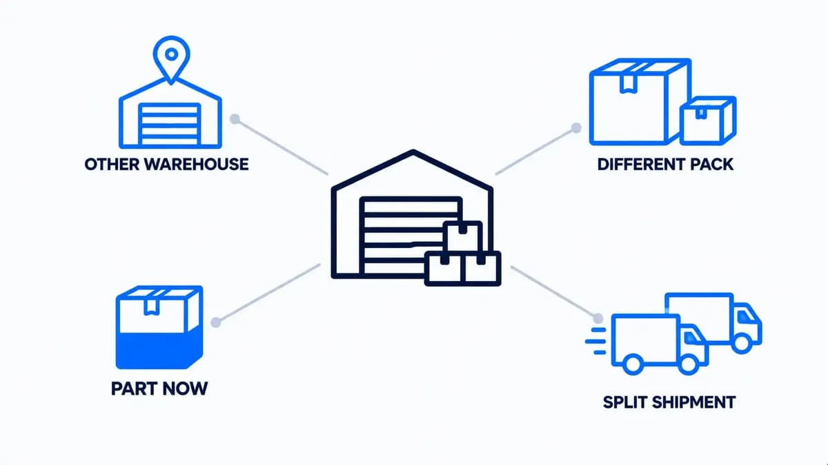 A distributor warehouse in the centre connected to four options inside the same account: another warehouse, a different pack size, part of the order now, and a split shipment