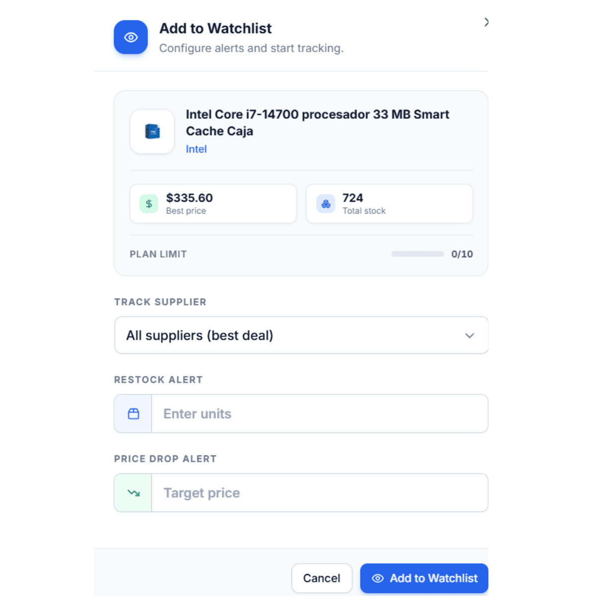 Add to Watchlist window with fields for target price, restock alert units, and supplier tracking choice