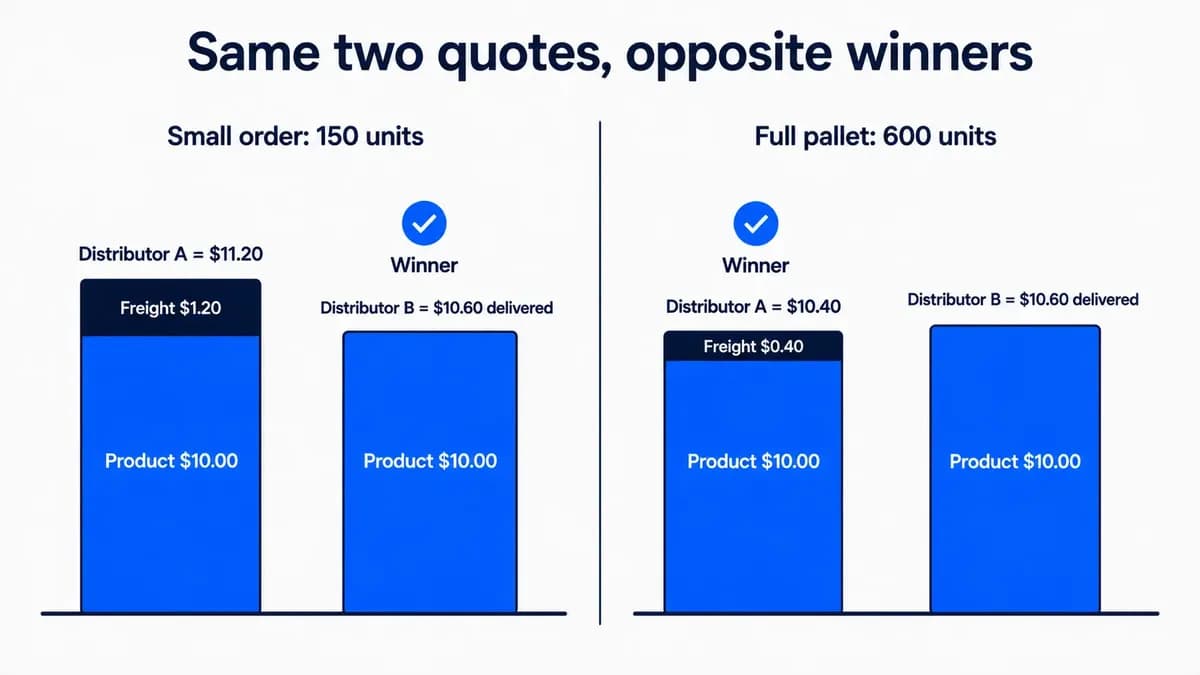 Bar chart comparing a FOB origin quote plus freight against a delivered quote, showing the delivered quote wins on a 150-unit order and the FOB origin quote wins on a full 600-unit pallet.
