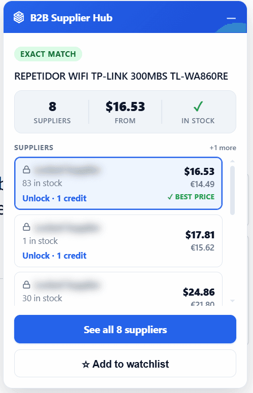 Extension card listing supplier offers ranked by price with stock levels, supplier names masked until unlocked
