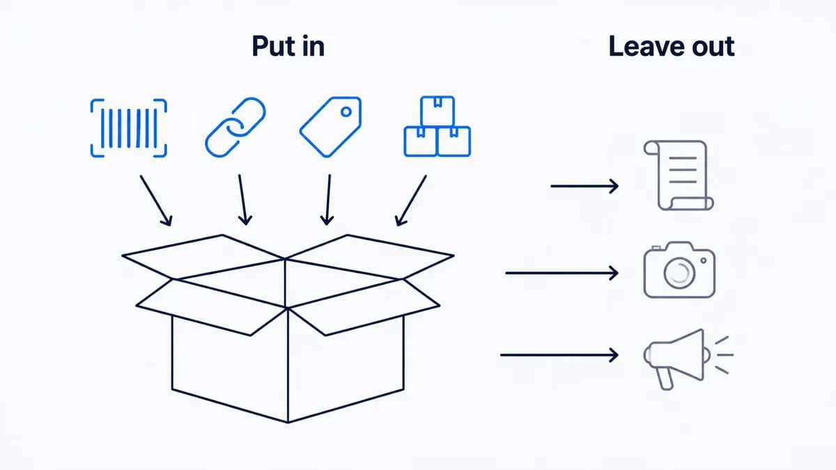 Illustration of a sourcing request as an open box: barcode, link, price, and quantity icons going in, while business story, screenshots, and pressure words stay out."