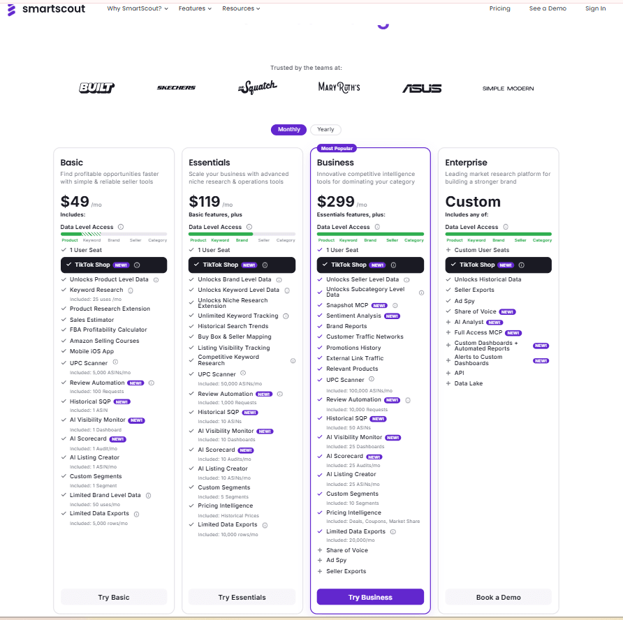 SmartScout pricing page showing UPC Scanner caps per plan tier