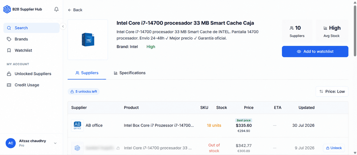 Supplier comparison table with masked supplier names, prices, stock, and Reveal buttons