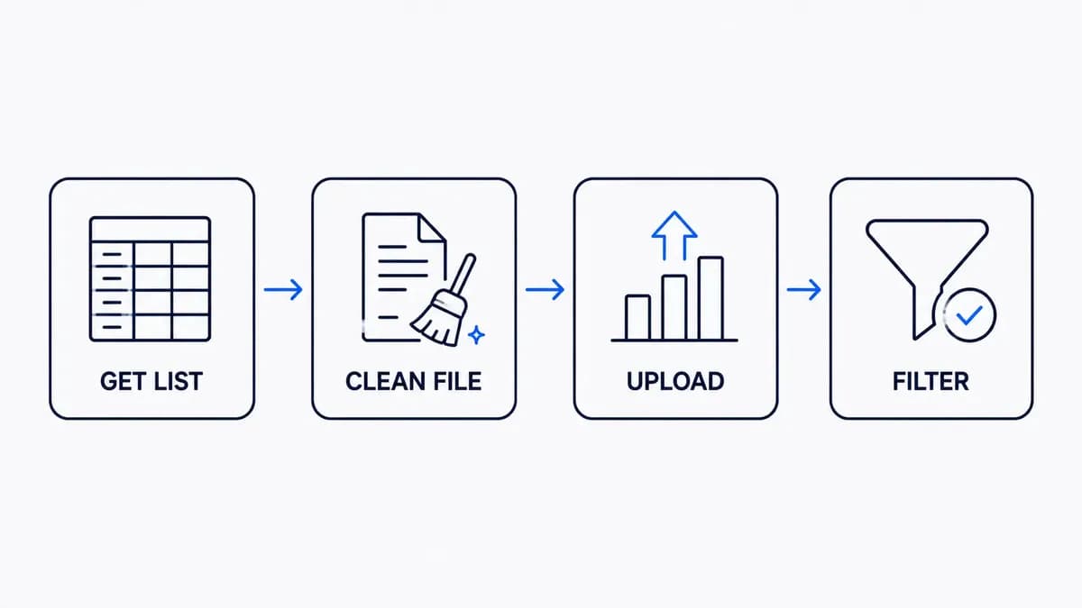The four steps to scan a distributor price list against Amazon: get the list, clean the file, upload, and filter.