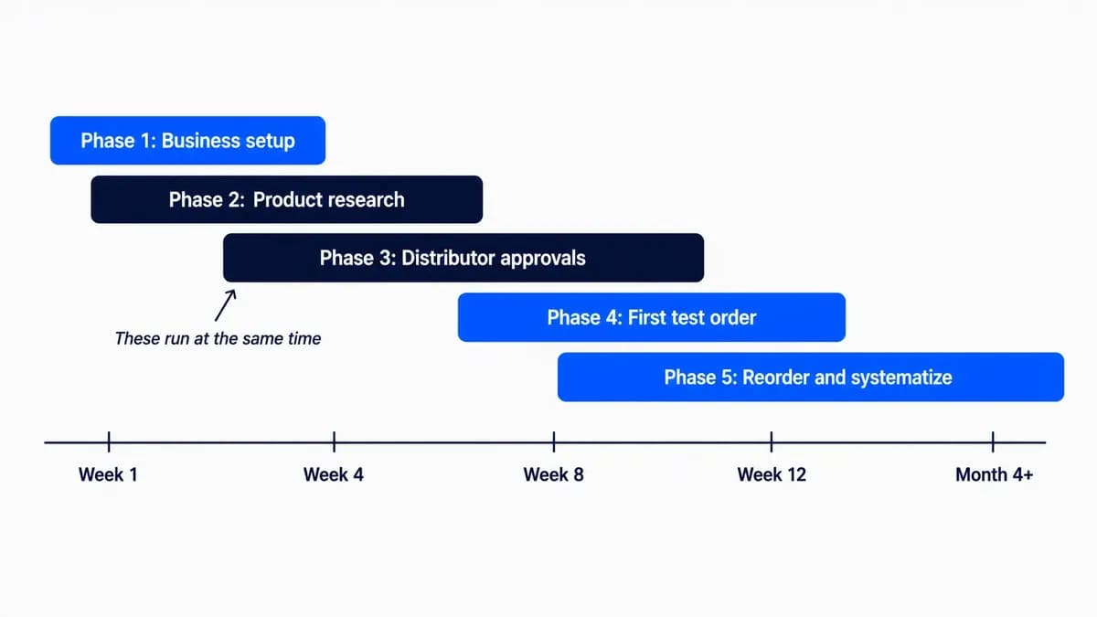 Timeline of the five phases of starting an Amazon wholesale business, showing that product research and distributor approvals run at the same time