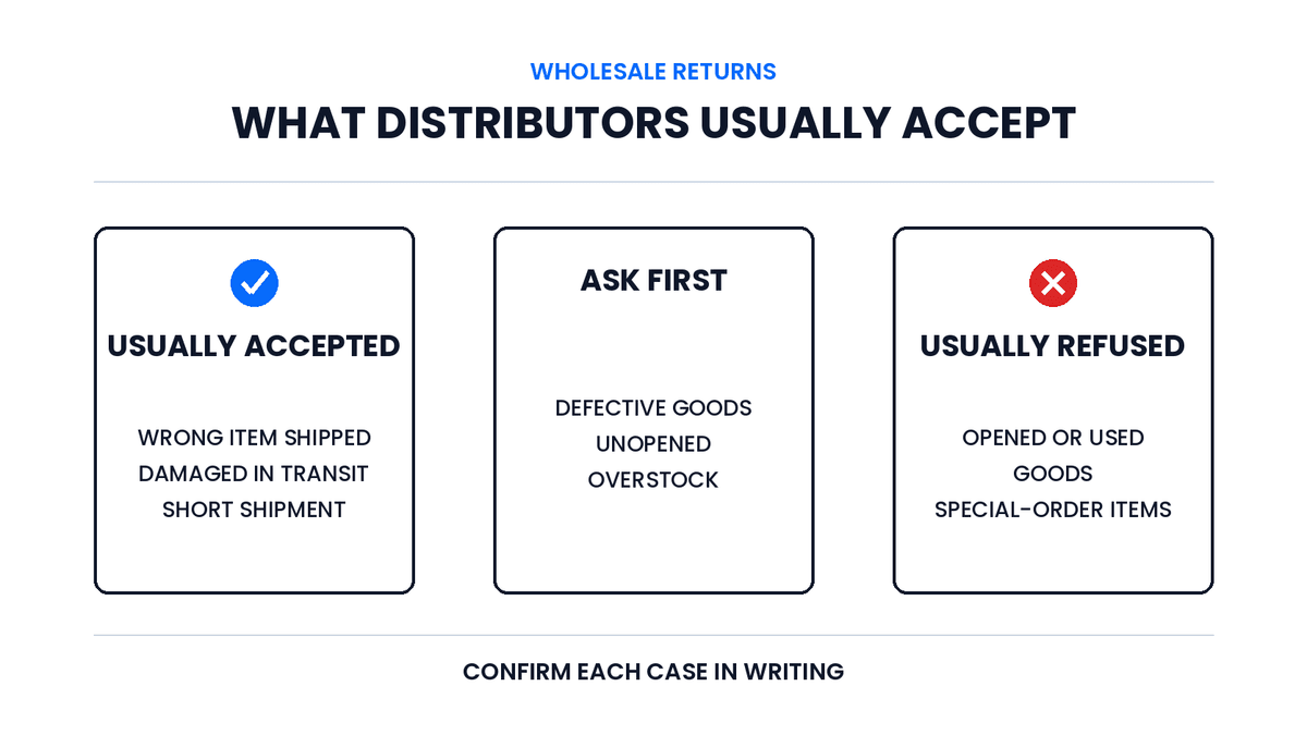 What distributors usually accept: wrong items, transit damage and short shipments are usually accepted, defective goods and unopened overstock are ask-first, opened goods and special orders are usually refused